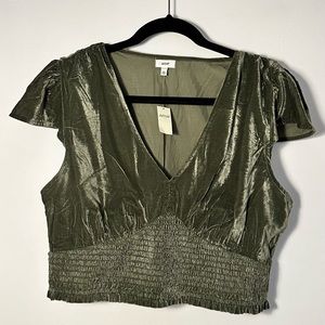 Aerie V-Neck Velvet Ruched Crop Top, Nomad Olive
